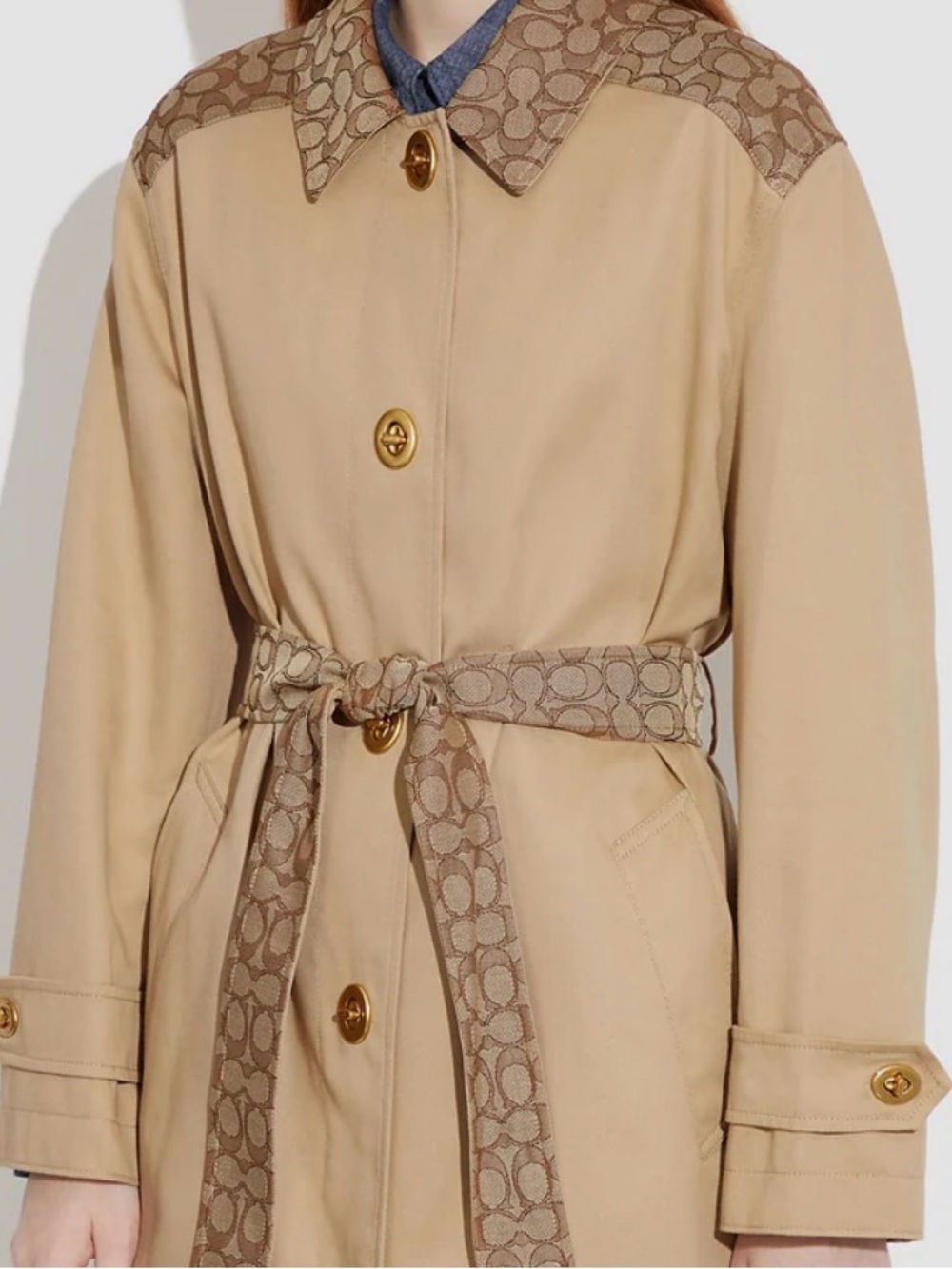 Coach Khaki Trench Coat with Signature Monogram Trim